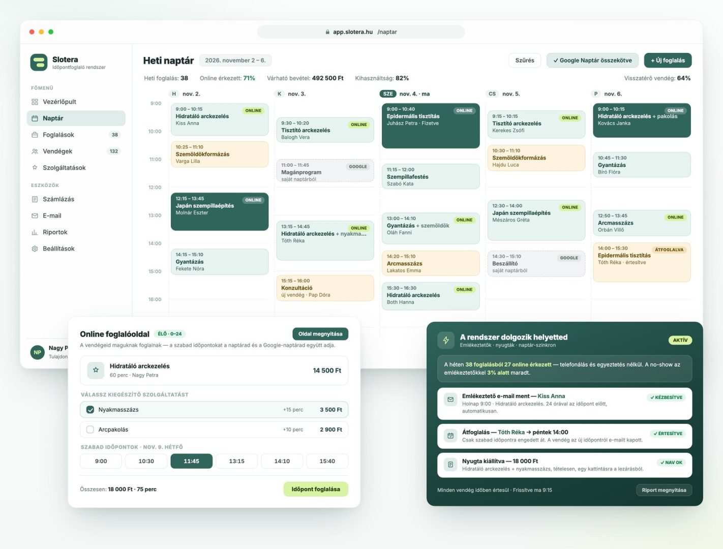 A Slotera heti naptár, online foglalóoldal és automatikus értesítések nézete